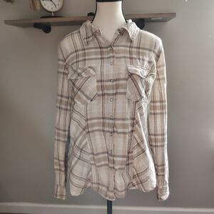 Style & Co. Beige and Brown Striped Pearl Snap Top Medium